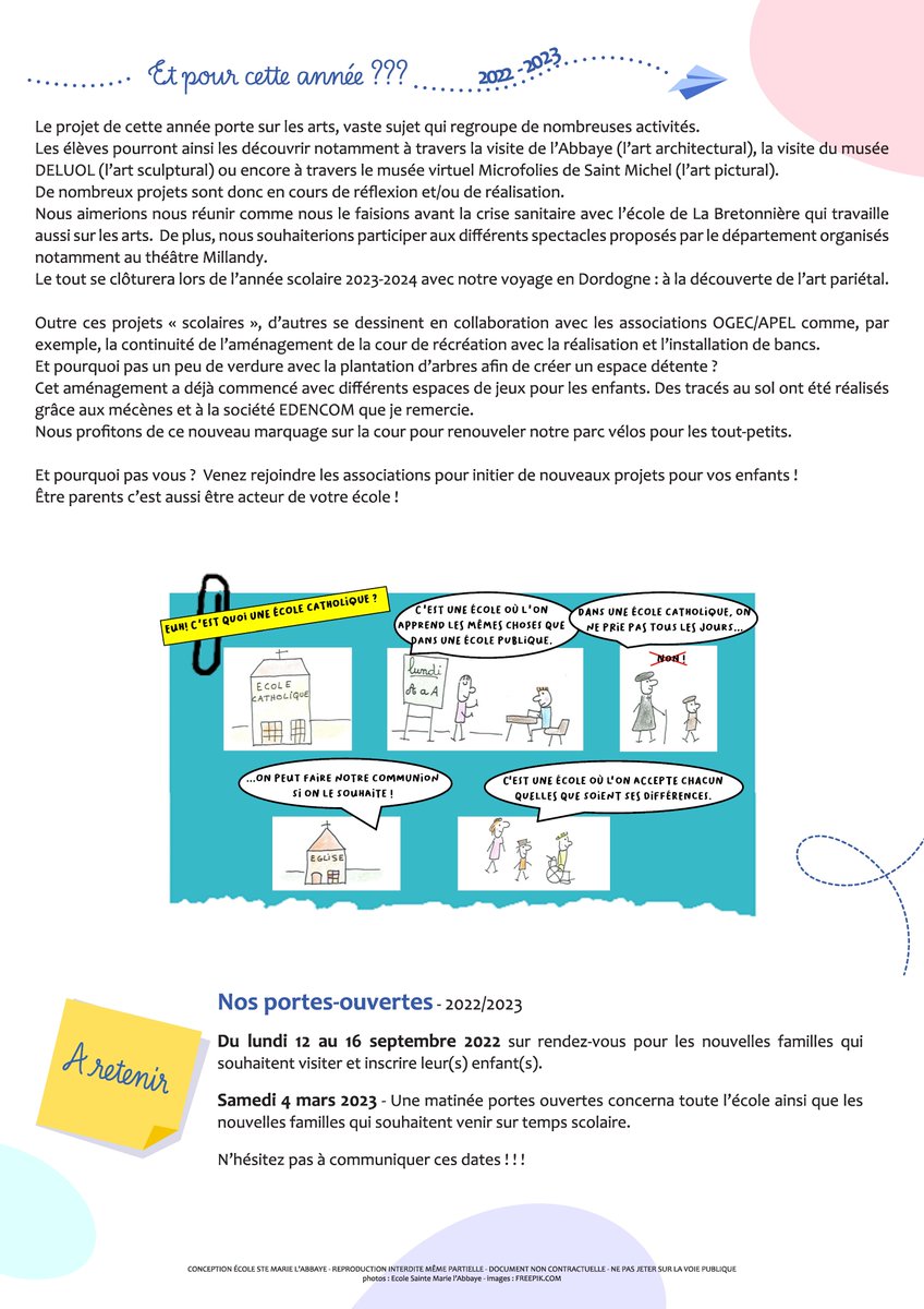 Ecole_SteMarie's tweet photo. Une 3e édition du "Petit Écolier" a été créée pour ce début d'année. Nous vous présentons les temps forts vécus ensemble l'année dernière mais aussi les projets 2022/2023.
Bonne lecture.
https://t.co/pOQh1Dq90f
#ec85 #saintmichelenlherm https://t.co/3xvxm3WRev