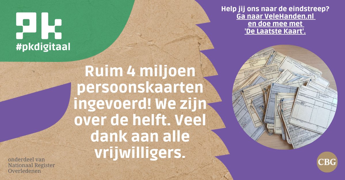 MIJLPAAL – Wat gaan de <a href="/VeleHanden/">VeleHanden</a> vrijwilligers ontzettend hard in het CBG project ‘De laatste kaart’! Ruim 75% van de persoonskaarten zijn nu ingevoerd. Een hele dikke pluim en dankjewel aan iedereen die hier aan bijgedragen heeft. 

#PKdigitaal #DeLaatsteKaart #persoonskaart