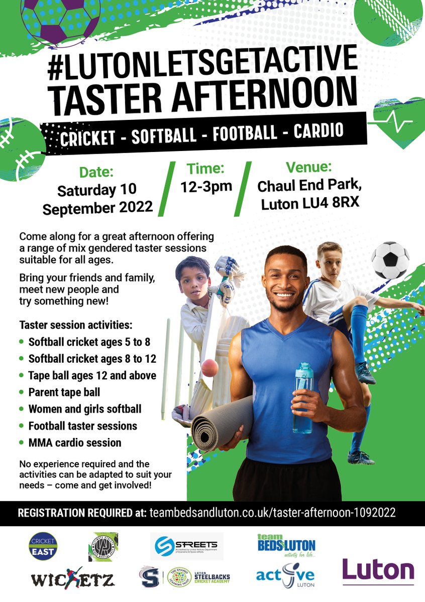 ActiveLuton's tweet photo. TASTER AFTERNOON! 

📆Saturday 10 September, 12 - 3pm
📍Chaul End Park, Luton LU4 8RX 

🏏Softball Cricket 
🥎Tape Ball
⚽Football
⚾Women and girls softball  
🥋MMA  

Register at https://t.co/OVUmwQU6sS

#lutonletsgetactive @lutoncouncil @Cricket_East @WicketzLuton https://t.co/q1LFJjqaJ0