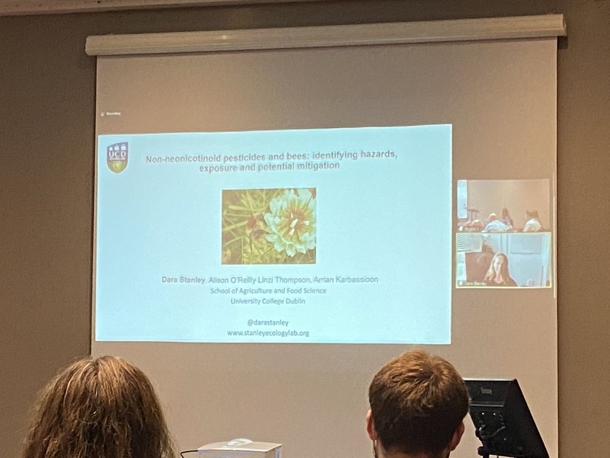 TAJ1990's tweet photo. Great talks this morning on assessing pesticide risks with talks from groups in Spain and the US. Rounding of this session with @DaraStanley looking at non-neonic pesticides and bees. @AABiologists #pollinators22 https://t.co/EnQa3yaVJ1