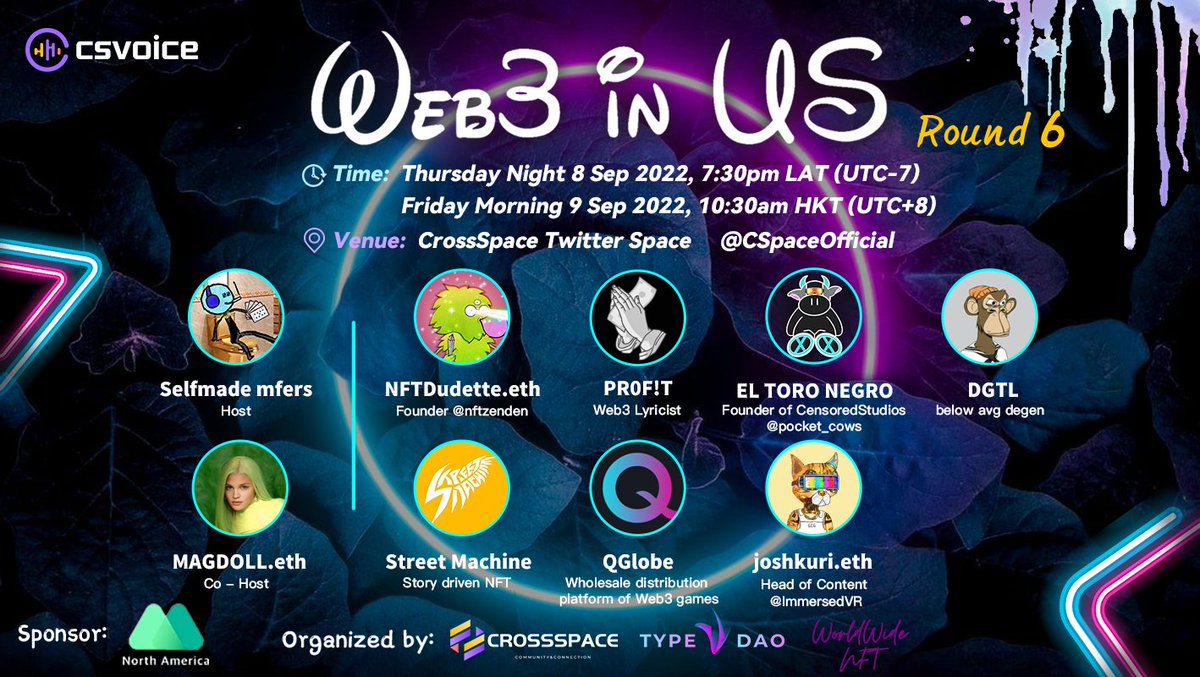 CSpaceOfficial's tweet photo. #Web3 in US starts at 19:30 on Sep 8 (UTC-7)!🔥
Guests: @yourNFTdudette @pr0fitvsPr0phet @Dougy_buller @dgtlemissions @STMachineNFT @QGlobeNFT @jkurikeshu  
 
💰100U #Giveaway from @MEXC_NA for 5 winners
✅ Follow @MEXC_NA @CSpaceOfficial @WWNFT_Official 
✅ Like&amp;RT

48hrs 🔥 https://t.co/ppa75WrdQr