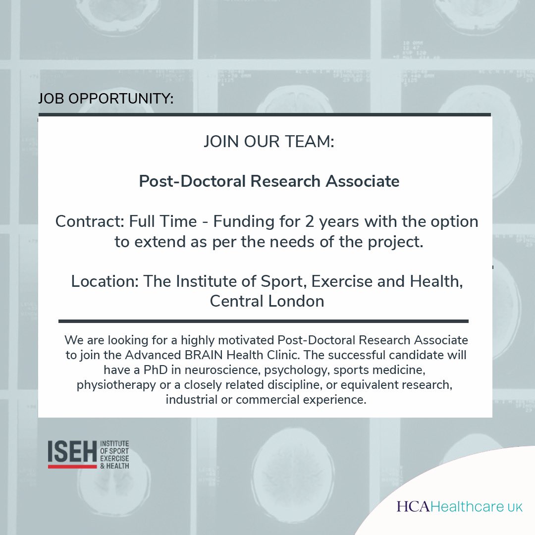 We're also #hiring for a Post-Doctoral Research Associate to join our dedicated Advanced BRAIN health Clinic and become a key member of our neuroscience research staff. Learn more: hcacareers.co.uk/job/0027563/ and apply by 23rd September.