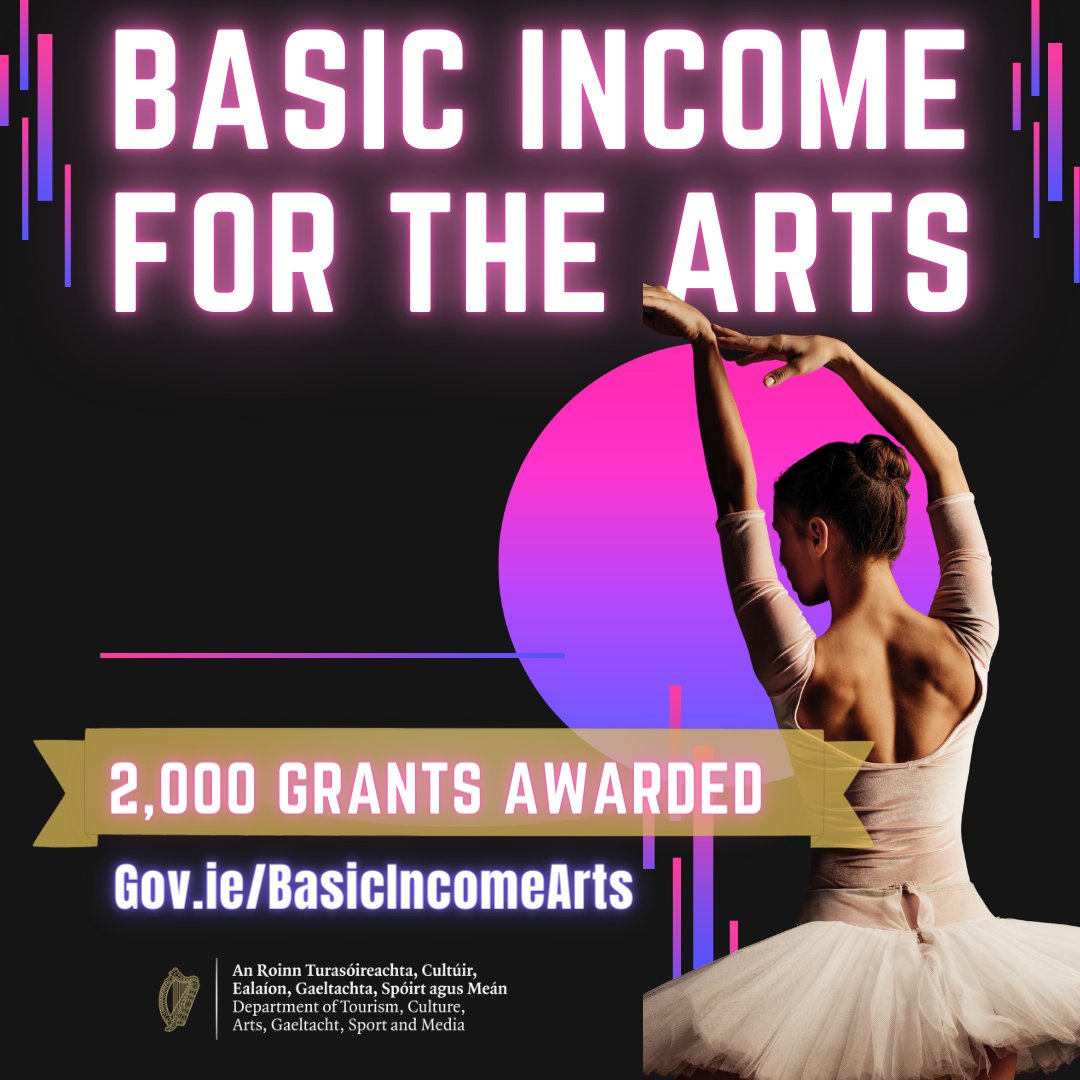 Tourism-Culture-Arts-Gaeltacht-Sport-Media (@deptcultureirl) on Twitter photo 2,000 artists & creative arts workers were today awarded grants under the groundbreaking Basic Income for the Arts pilot scheme.
→ Supporting artists/creative practice
→ €325 pw provided in this research project
ℹ️ bit.ly/BIAgrants
#BasicIncomeArts 2,000 artists & creative arts workers were today awarded grants under the groundbreaking Basic Income for the Arts pilot scheme.
→ Supporting artists/creative practice
→ €325 pw provided in this research project
ℹ️ bit.ly/BIAgrants
#BasicIncomeArts