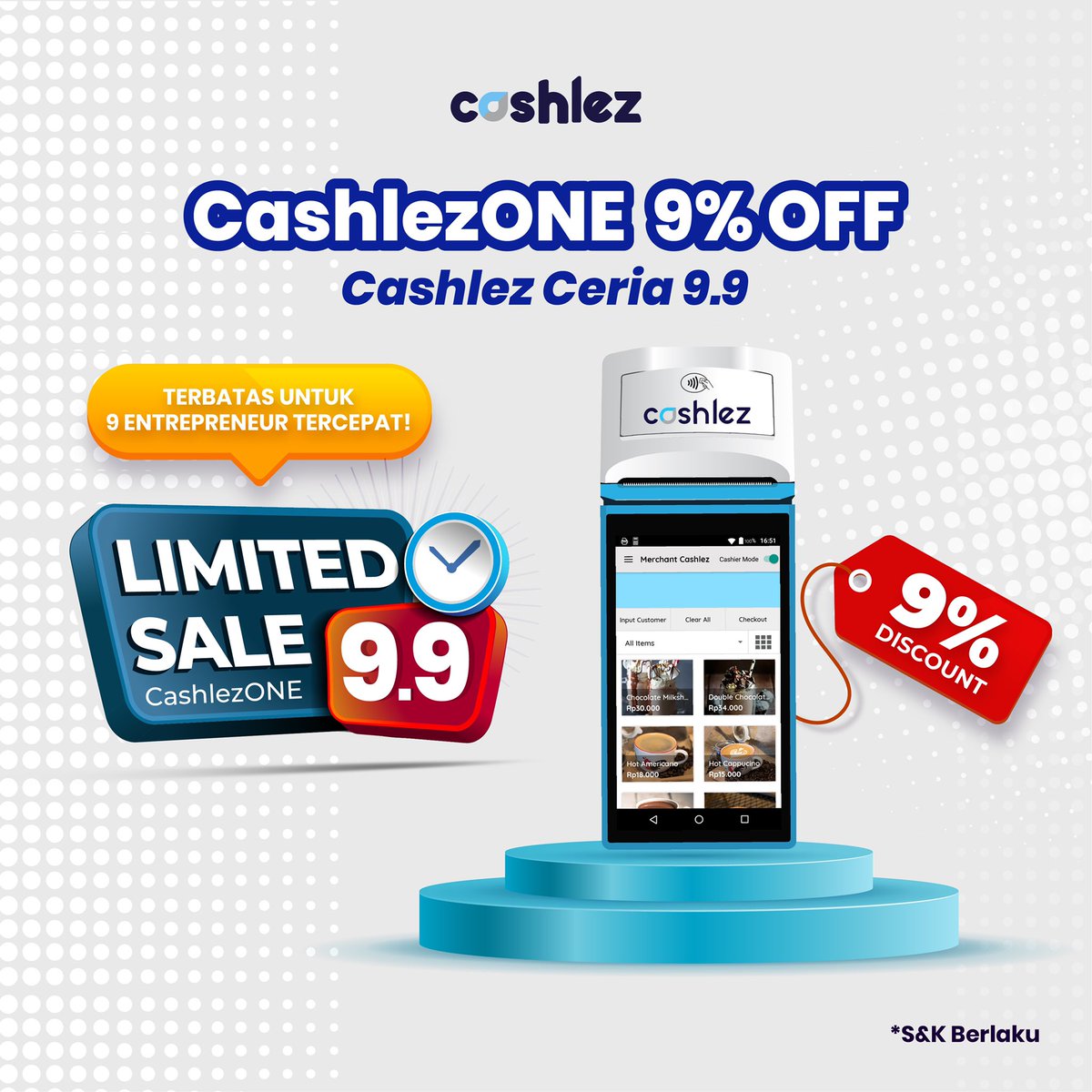 CashlezID's tweet photo. Jangan lewatkan Cashlez Ceria 9.9 mulai hari ini, 8 September - 24 September 2022!๐ฅณ๐ฅณ
Dapatkan potongan harga 9% untuk pembelian reader CashlezONE! Promo terbatas, lho!๐
Makanya jangan sampai ketinggalan!๐คฉ
#promo99 #CashlezCeria #9.9 #promo #diskon #cashlez https://t.co/KpAhcX2rS8