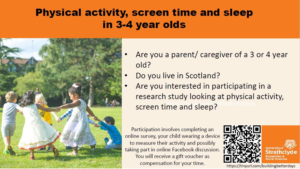 Calling parents of 3-4 year olds. Establishing a healthy lifestyle starts early, help us increase our understanding of the role physical activity, screen time and sleep play during the early years.