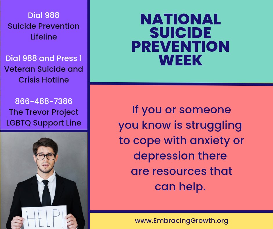EmbracingGrowth's tweet photo. This week is National Suicide Prevention Week. There are resources and supports available if you or someone you know is in need. You are not alone. #SuicidePrevention #MentalHealthMatters #YouAreNotAlone https://t.co/iIMYh2BdVi