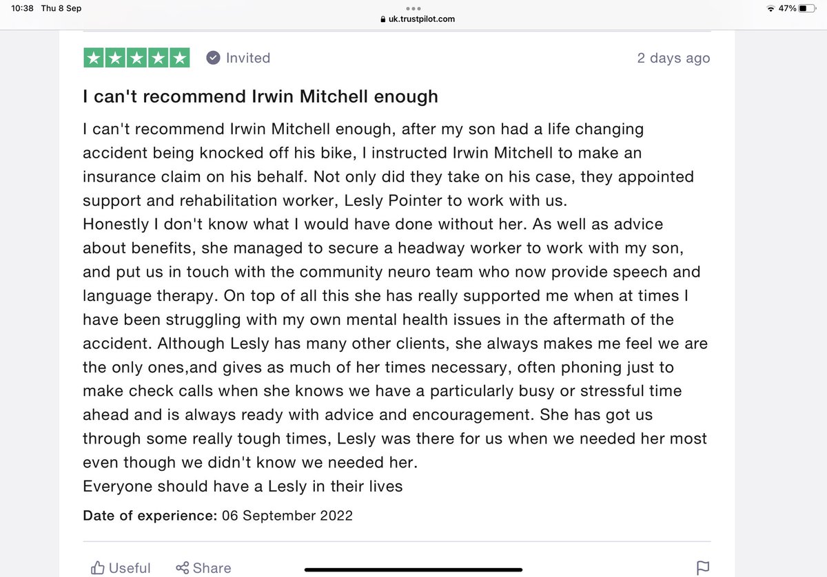 We’re so proud of what our <a href="/irwinmitchell/">Irwin Mitchell</a> Support &amp; Rehabilitation Team does for clients following serious injury, at no cost at all to them, to help access support before damages are available. Our amazing SR Coordinator &amp; qualified nurse, Lesly Pointer, epitomises the service