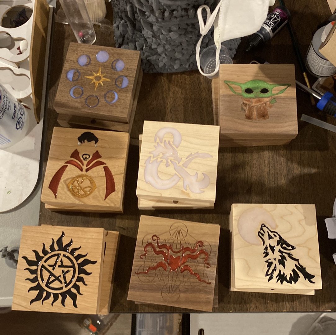 JimKLane's tweet photo. @MC_Etching CNC carved dice / trinket / jewelry boxes with resin inlay that I’m prepping for a convention in a couple weeks. https://t.co/ckEXg27duW