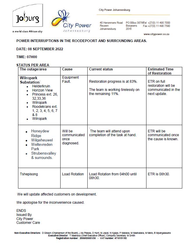 CityPowerJhb's tweet photo. #RegionC #Roodepoort
Restoration progress is at 89%, the team is still working on the remainder #Wilropark #Roodekrans #Princess and surrounds.
#Honeydew #Strubensvalley #Weltevredenpark #Wilgeheuwel team will attend.
^DR https://t.co/8R8PVHwmv5