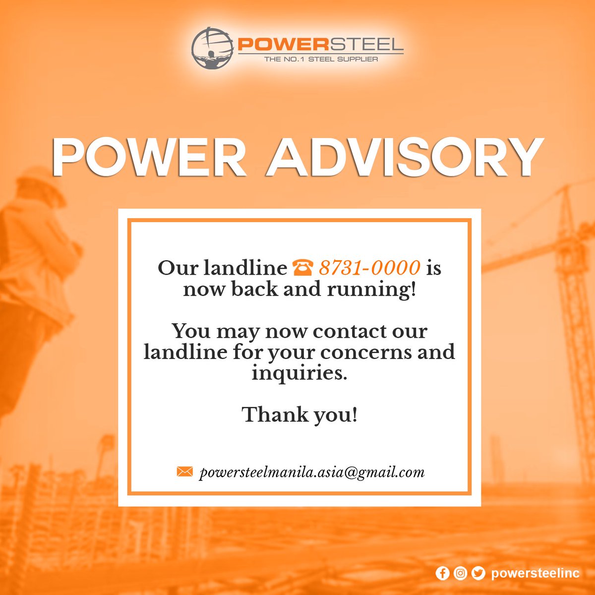 POWER ADVISORY

We are delighted to tell you that our landline 8731-0000 is now back and running! 

Contact us now for your steel inquiries.

powersteel.com.ph

#PowerSteel #Advisory #Steel #Construction #Engineer #contractorservices