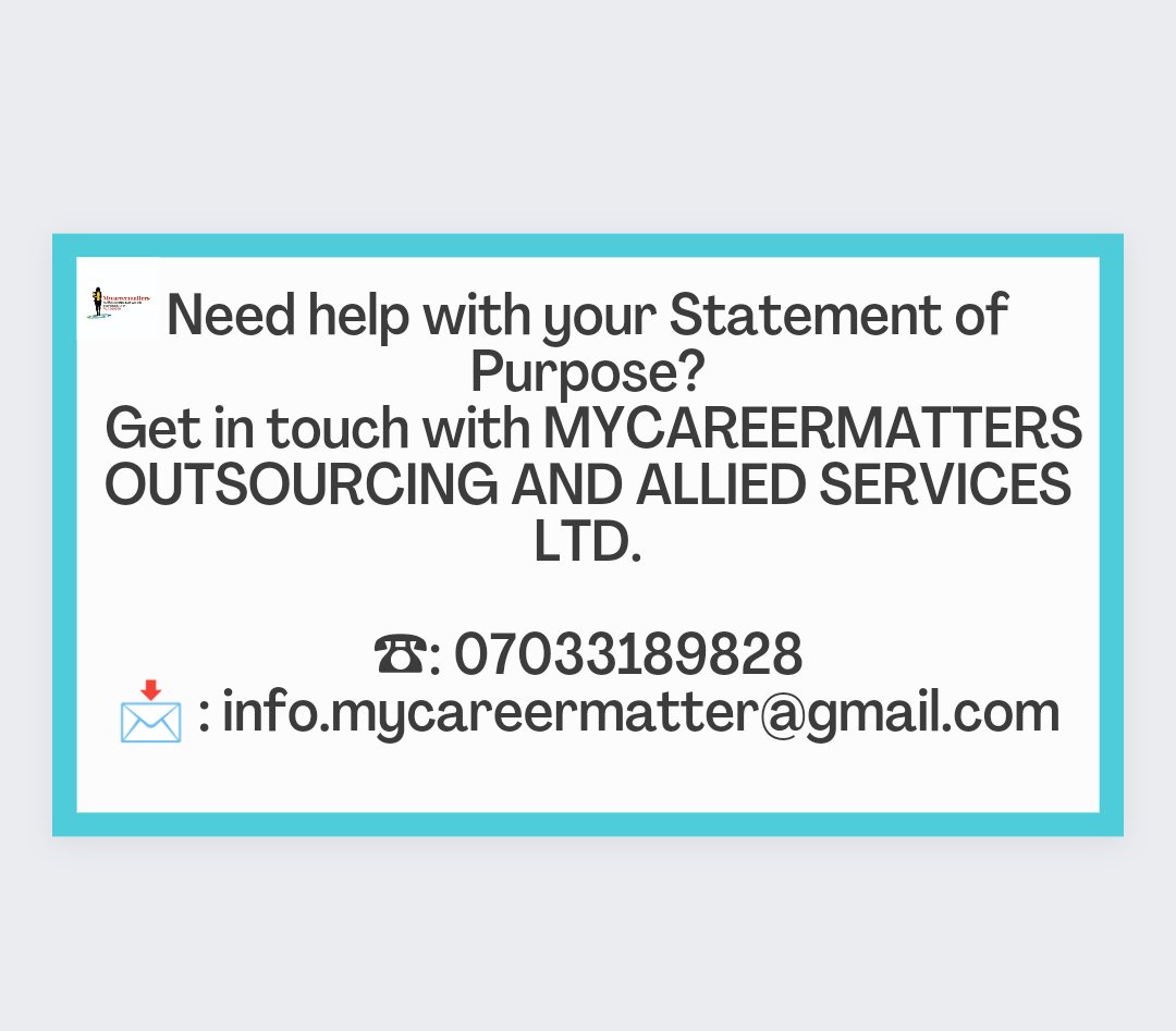 Mycareermatter2's tweet photo. Need help with your Statement of Purpose?
Get in touch with MYCAREERMATTERS OUTSOURCING AND ALLIED SERVICES LTD.
☎: 07033189828
🥏 : https://t.co/Wxq4mp29us
📩 : info.mycareermatter@gmail.com
#sop #uk #usa #fall2022 #usa #admission #proofoffund #admission #germany #norway https://t.co/XISSV0EUv9