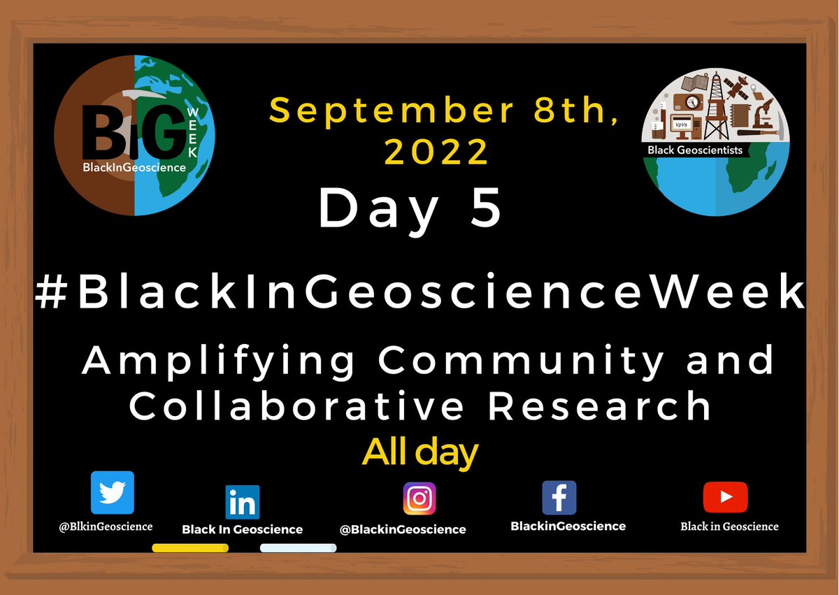 BlkinGeoscience's tweet photo. It is already Thursday π
Day 5 of #BlackinGeoscienceWeek calls for us to amplify community and collaboration. Let's hear from you!
#BiGweek2022 #Geoscienctists https://t.co/DFGQCFrvfc