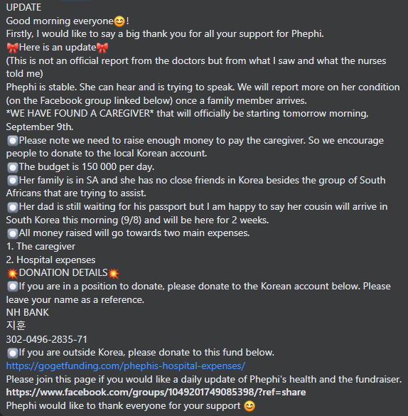 Update on Phephi from facebook. Good news, thank you for sharing and donating <3