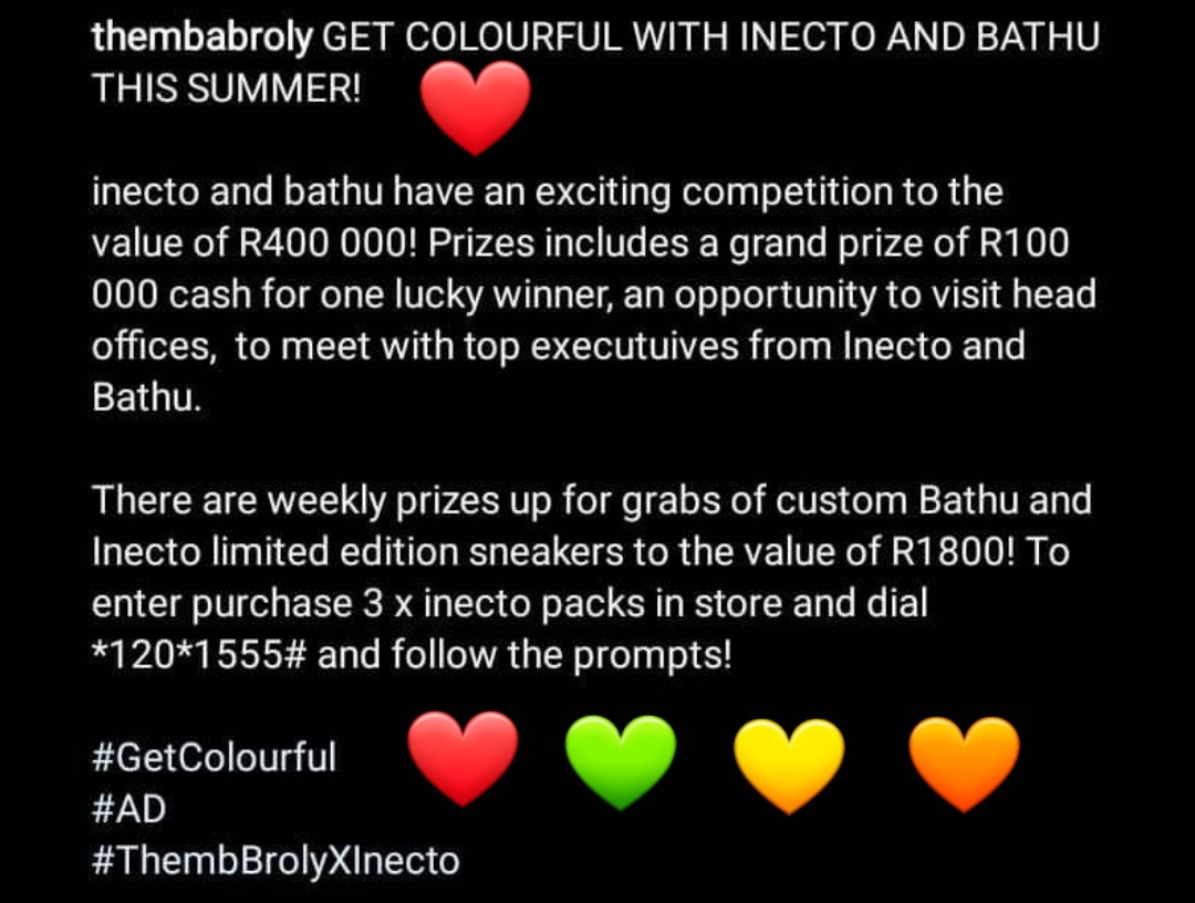 BevArtist2's tweet photo. Remember - once U have purchased your 3️⃣ INECTO Products - do follow the Competition instructions so as be in line to win some of those great prizes.

Hopefully a Ghostie wins the big big  - R100K prize💰 

Dial *120*1555#

#ThembaBroly ♥️
#ThembaBrolyXInecto
THEMBABROLY X INECTO https://t.co/Cj3UpXnDzF