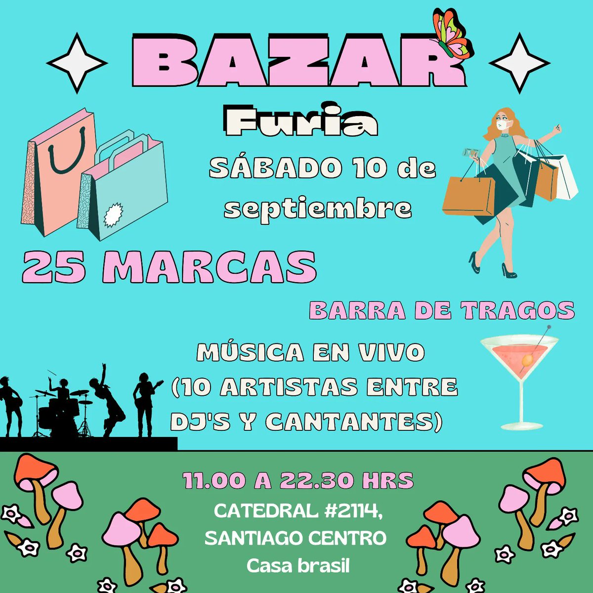 FuriaBazar's tweet photo. BAZAR FURIA SÁBADO 10 DE SEPTIEMBRE EN 📍 @casabrasilscl 11.00 am a 22.30 pm. 

25 MARCAS 
MÚSICA EN VIVO Y DJ'S. 
TRAGOS Y COMIDA. 

TE ESPERAMOS 💘 https://t.co/tSiZiu2Miw