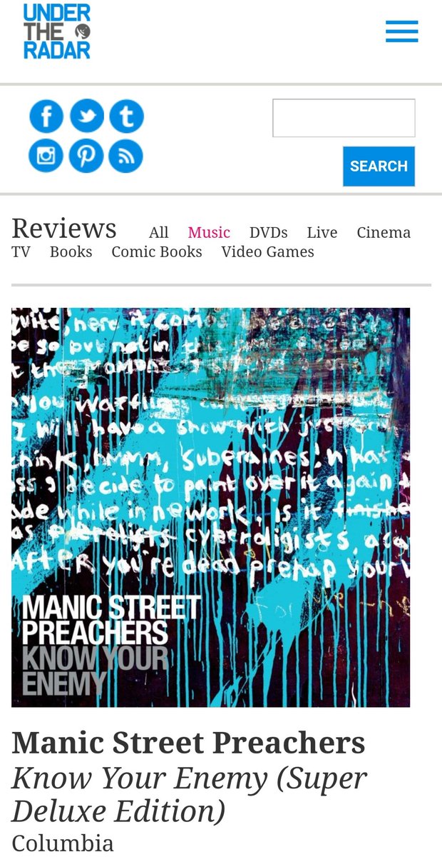Dom Gourlay (@domlikesrabbits) on Twitter photo The 21st anniversary deluxe edition of <a href="/Manics/">Manic Street Preachers</a> 6th album 'Know Your Enemy' is out tomorrow and it's very, very good.
Words here for <a href="/Under_Radar_Mag/">Under the Radar</a>
undertheradarmag.com/reviews/know_y… The 21st anniversary deluxe edition of <a href="/Manics/">Manic Street Preachers</a> 6th album 'Know Your Enemy' is out tomorrow and it's very, very good.
Words here for <a href="/Under_Radar_Mag/">Under the Radar</a>
undertheradarmag.com/reviews/know_y…