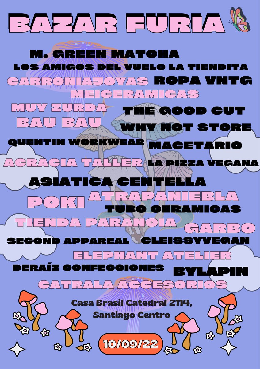 FuriaBazar's tweet photo. ✨BAZAR FURIA✨

SÁBADO 10 DE SEPTIEMBRE @CASABRASILSCL CATEDRAL 2114, SANTIAGO CENTRO (A 3 MINUTOS DEL METRO CUMMING) 
 11.00 AM A 22.30 PM
 
MARCAS 💗🛍️🛒💍
MÚSICA 🎼💃🎶🎤 
BARRA TRAGOS 🥃🍹🥂🍸
COMPLETOS 🍴

LOS ESPERAMOS 💘 https://t.co/AE2OUUGHM0