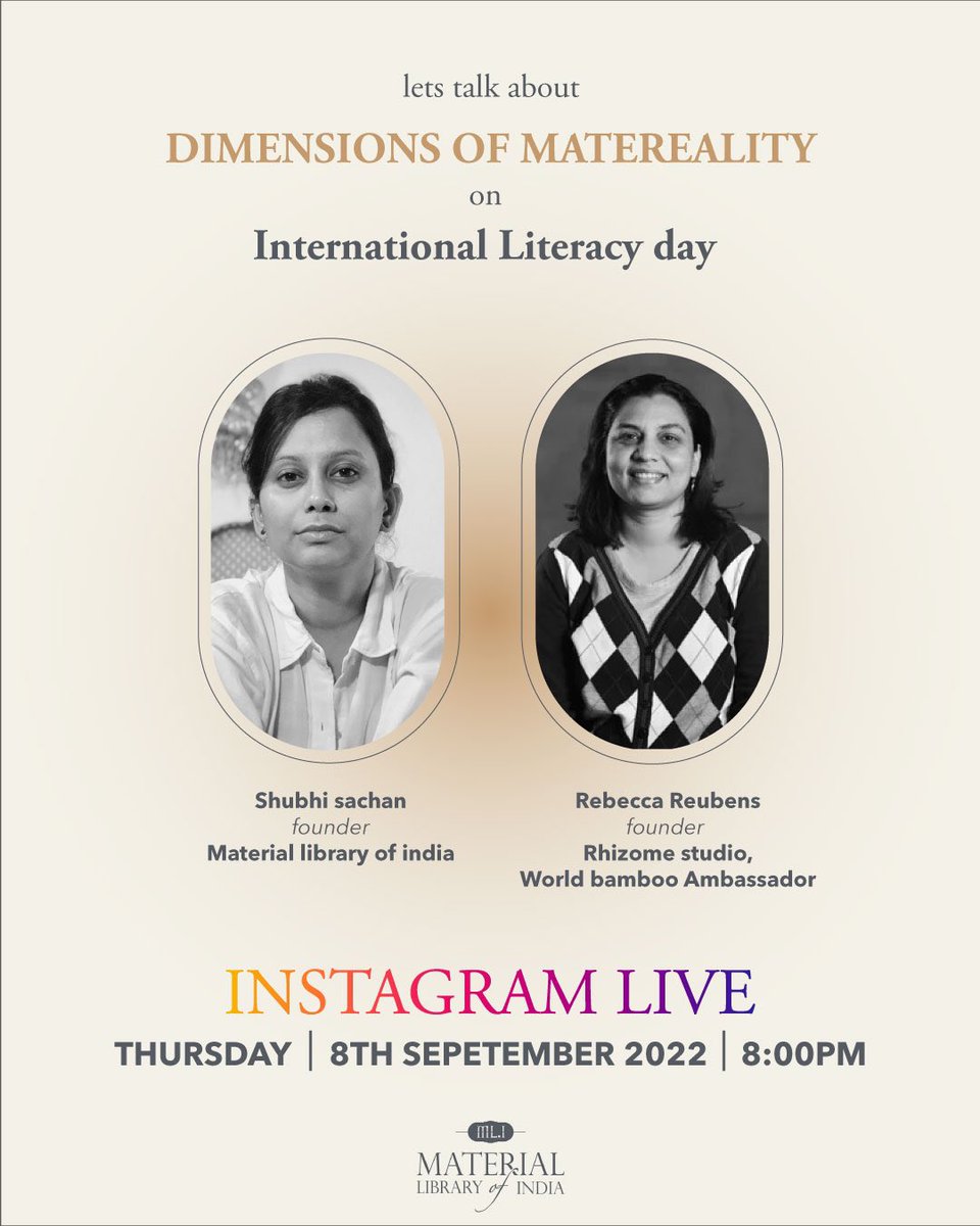 MaterialIndia's tweet photo. What does it mean to be #literate in today’s #materialisticworld
Is the question we are asking on #InternationalLiteracyDay2022 along with #Rebeccareubens #Academician #Bamboo #expert #sustainable #designresearcher
https://t.co/MFa4CVYhMx
@shubhitd @UNESCO
#designeducation https://t.co/x9GLL5cZZp