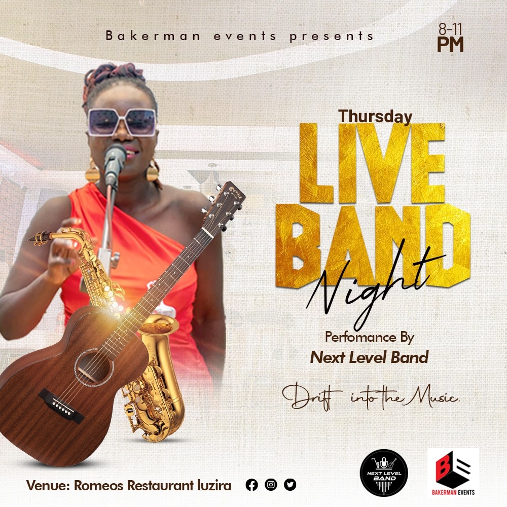 NextLevelBand1's tweet photo. Join us Every Thursday for an Impeccable live music experience in the heart of Luzira...🎸 🎸 🎷 

👉🏽Free Entrance.😊

#Nextlevelband 
#RomeosRestaurant 
#liveband https://t.co/TZMg5F7UsJ