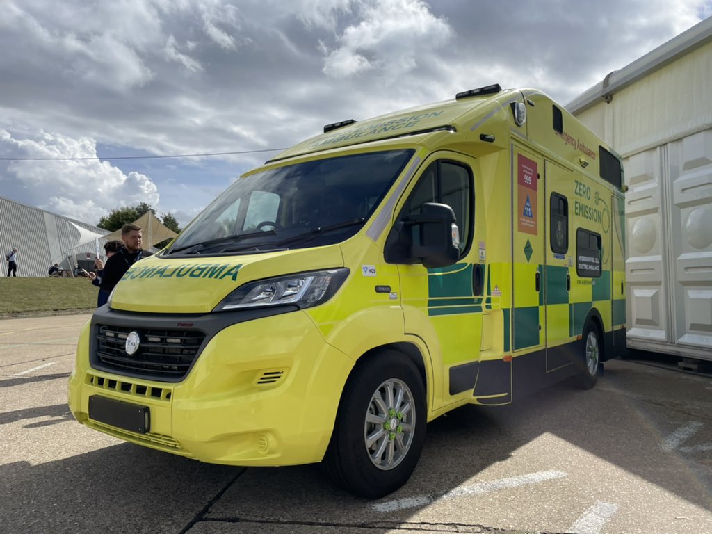 Ulemco's tweet photo. Do pop by and speak to our engineer with the #hydrogen #FCRx ZERRO ambulance @lcv_event today. A transformative innovation in the making for @GreenerNHS @ChrisAmbulance @ukhfca @shfca https://t.co/iIAIxM8SsX