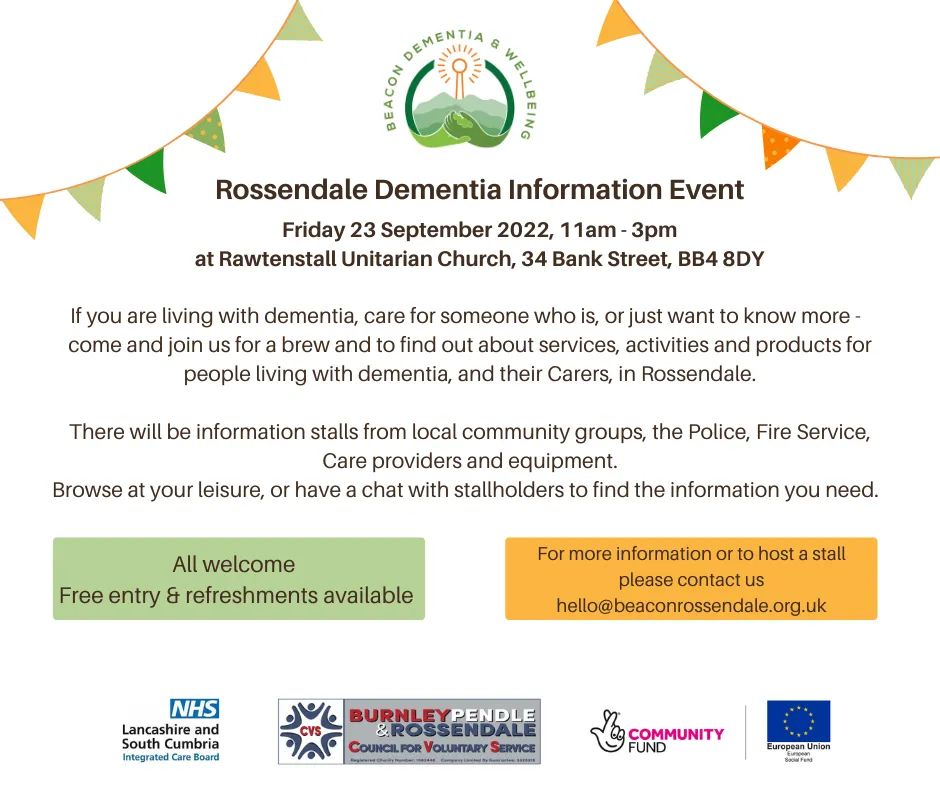 beaconrossendal's tweet photo. Free #dementia information event in #rawtenstall #rossendale Friday 23 September 11am-3pm #WorldAlzheimersMonth https://t.co/mxaT8bccxh