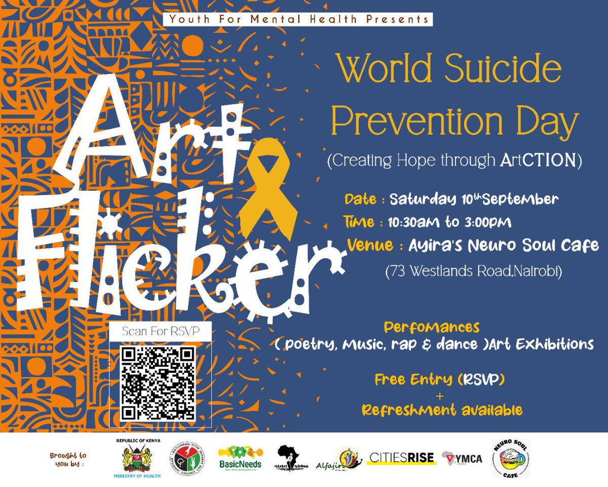 Mental Health Kenya (@mohmentalhealth) on Twitter photo We have collaborated with <a href="/youth4MHKenya/">youthformentalhealth.ke</a> <a href="/Alfajiri5/">Alfajiri</a> <a href="/MiziziAfriqa/">Mizizi Afriqa</a> and <a href="/citiesRISE/">citiesRISE</a> for an artistic event, focusing on the intersection of Art and Mental Health at Ayira Neuro Soul Cafe. Scan the QR code on the poster to RSVP:#WorldSuicidePreventionDay #SuicidePrevention #WSPD2022 We have collaborated with <a href="/youth4MHKenya/">youthformentalhealth.ke</a> <a href="/Alfajiri5/">Alfajiri</a> <a href="/MiziziAfriqa/">Mizizi Afriqa</a> and <a href="/citiesRISE/">citiesRISE</a> for an artistic event, focusing on the intersection of Art and Mental Health at Ayira Neuro Soul Cafe. Scan the QR code on the poster to RSVP:#WorldSuicidePreventionDay #SuicidePrevention #WSPD2022