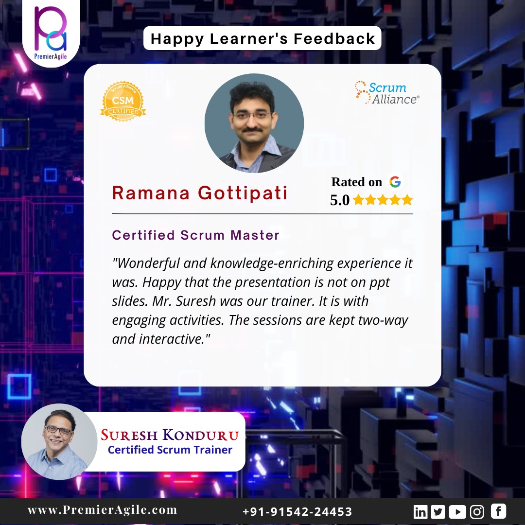 PremierAgile's tweet photo. Hi Ramana Gottipati Thank you so much for your detailed review about our CSM workshop. Your feedback is precious for us. We do pride ourselves on offering great workshop experience. Thank you for choosing PremierAgile
@SureshKonduru77
#workshop #happylearner #review https://t.co/aqebr5Y10n