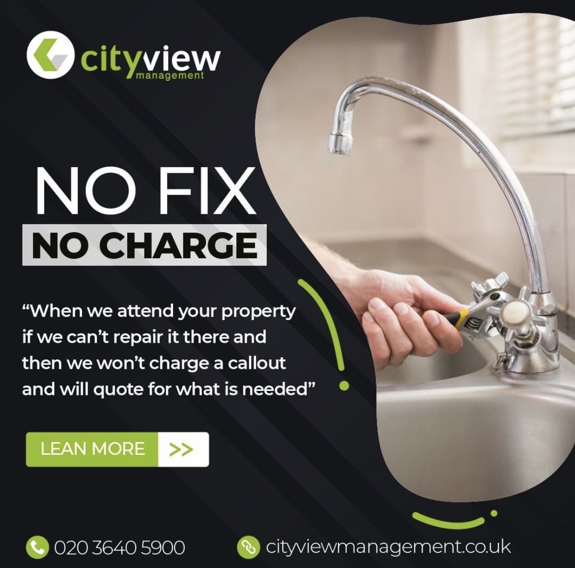 CityViewM's tweet photo. When we attend your property if we can’t repair it there and then we won’t charge a callout and will quote for what is needed.

To find our more information contact us, it’s easy to talk to our team:

🌐 https://t.co/NgvtNmlAvd
✉️ info@cityviewmanagement.co.uk
📞 020 3640 5900 https://t.co/U0eru1txV5