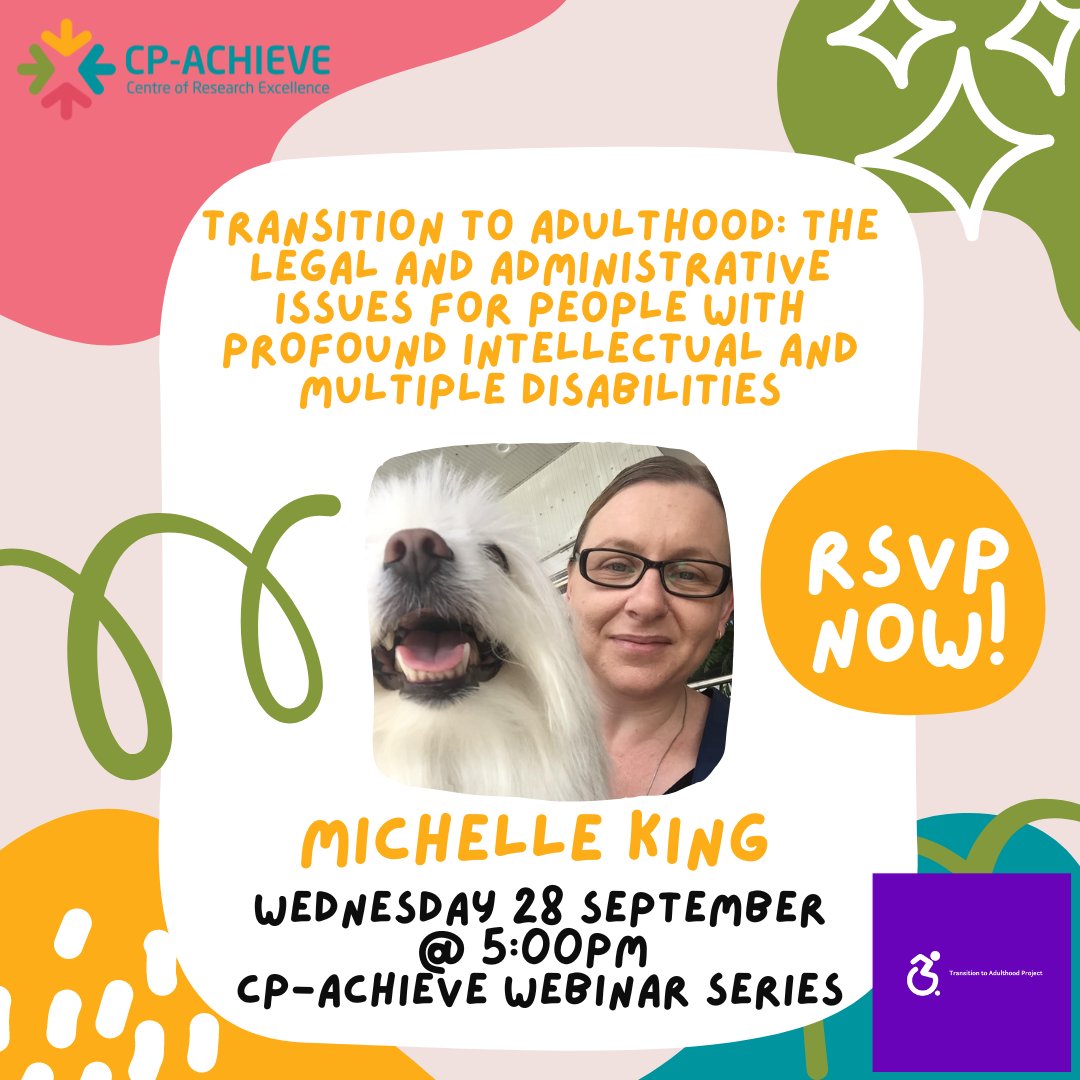 CpAchieve's tweet photo. Join us on 28 September @5pm for the CP-Achieve webinar series! 

Transition to Adulthood: the Legal and Administrative Issues for People with Profound Intellectual and Multiple Disabilities-  presented by Michelle King 

Register here 👉️ https://t.co/rMFNAAVOuR
 
@shellbot73 https://t.co/TuqWMB7jqB