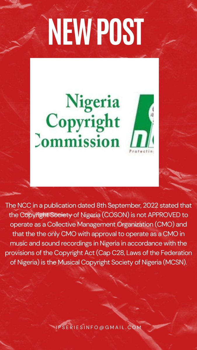 ESMERALDOESQ's tweet photo. #IPSERIES Newsflash 

The @copyrightngr in a recent publication is informing the public that the Copyright Society of Nigeria (#COSON) is no longer a licensed Collective Management Body (#CMO) for #copyrightowners in Nigeria.

This is sequel to a ruling dated 1st December, 2021 https://t.co/RozLIpMsQK