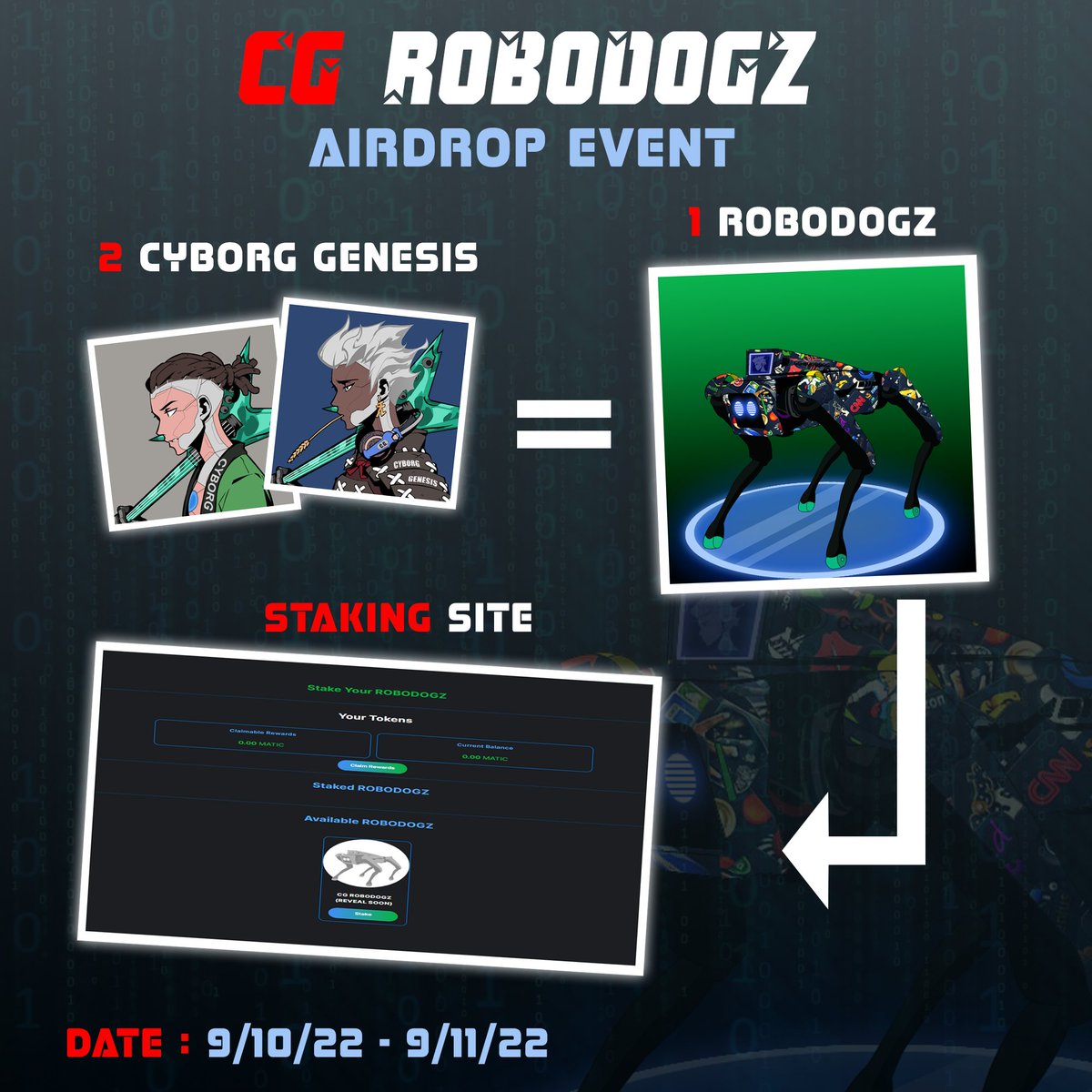 CyborgGenesis_'s tweet photo. ROBODOGZ AIRDROP EVENT 🪂
09/10/2022 - 09/11/2022
Get you Cyborg genesis here 👇
🌐 https://t.co/G8iuqlld3w

For 10 ROBODOGZ WL 🎉
1⃣ Follow @CyborgGenesis_ 
2⃣ Retweet
3⃣ Tag 3 or more Friends

#NFTs #NFTCommunity #NFTGiveaway #NFTartwork https://t.co/DgqhYeHKqR
