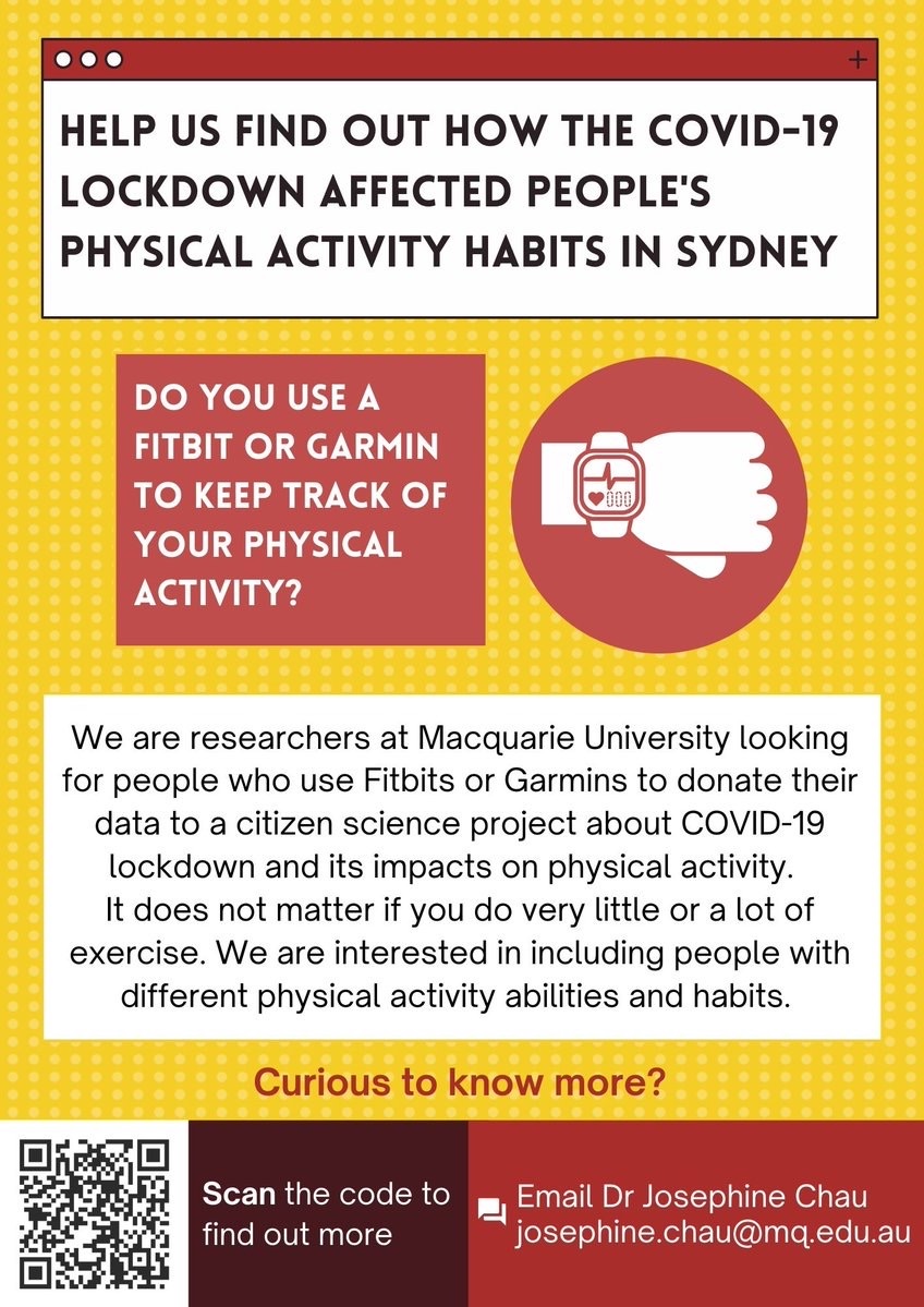 Can you share your steps with this citizen science project? Help us to explore the impacts of covid lockdown in physical activity habits in Sydney residents. @MQ_PublicHealth @Macquarie_Uni @AdrianBauman @AIHI_MQ @noviarfirsta shorturl.at/iJUZ7