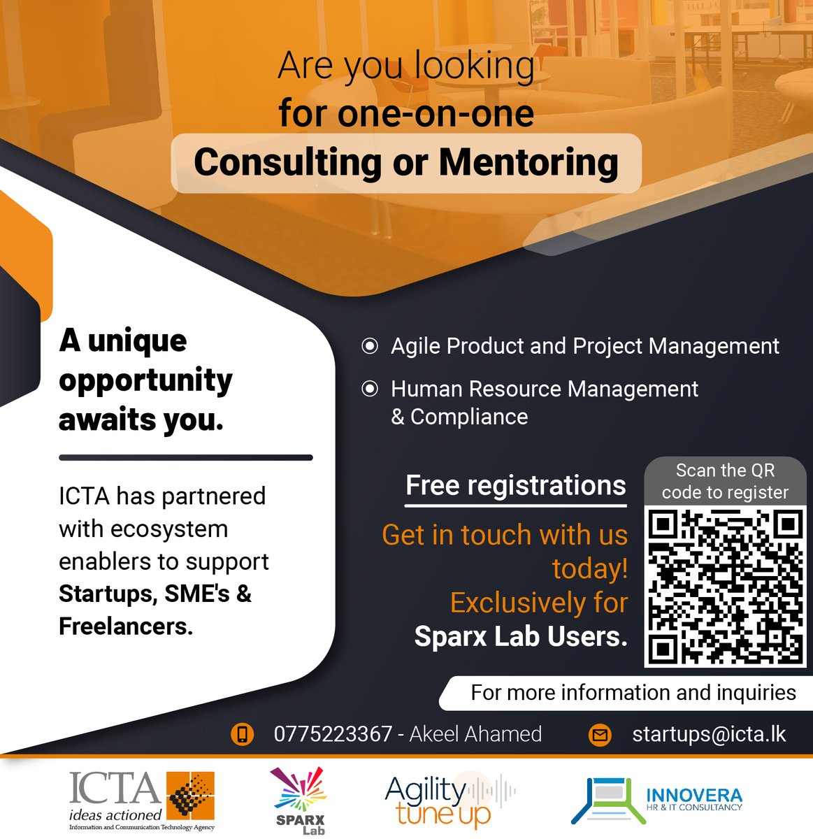 icta_srilanka's tweet photo. We are delighted to introduce one-on-one consulting &amp; mentoring opportunities for Sparx Lab users!

ICTA has partnered with ecosystem enablers to support Startups, SME's &amp; Freelancers.

Registration link : https://t.co/D4VGmsah4Z

For more details contact 0775223367-Akeel Ahamed https://t.co/qwIvR9gTiZ