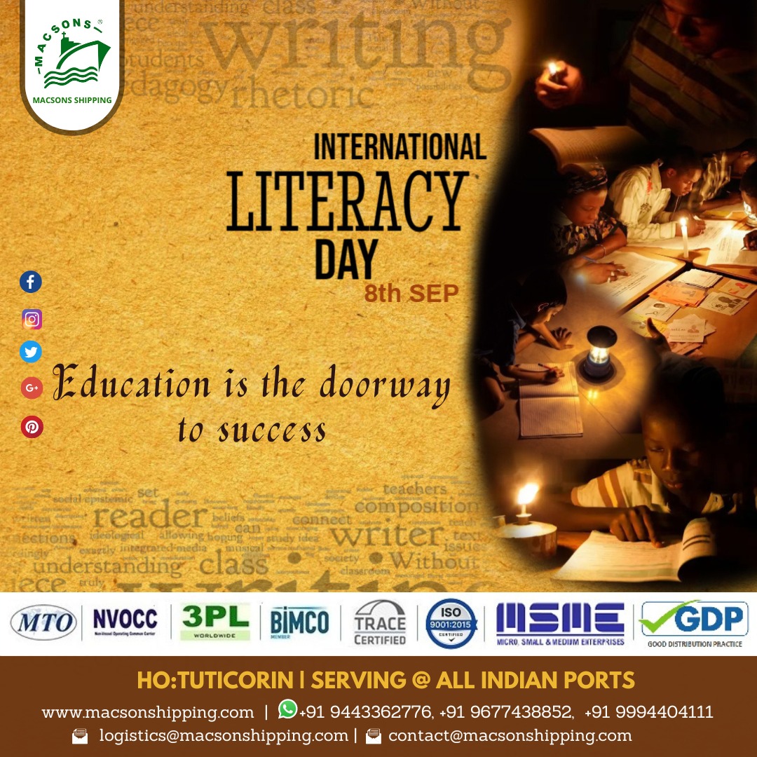 MACSONS2004's tweet photo. HAPPY WORLD LITERACY DAY!#InternationalLiteracyDay #literacy #education #TeachersDay2022 #Reading #school #University #3PL #shipping #import #export #Imports #Trade #supplychain #logistics #shippingcontainer #globaltrade #logistica #Onam2022 @PMOIndia @shipmin_india @CMOTamilnadu https://t.co/0289UH5E00
