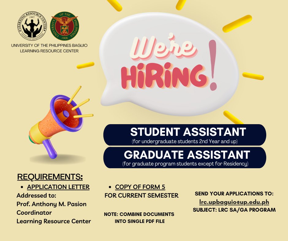lrc_upbaguio's tweet photo. 𝐔𝐏𝐁 𝐋𝐑𝐂 𝐒𝐀/𝐆𝐀 𝐏𝐑𝐎𝐆𝐑𝐀𝐌 𝐇𝐈𝐑𝐈𝐍𝐆
Apply na mga Isko/Iska ng UP Baguio!
#UPBaguio #LearningResourceCenter https://t.co/Pjnoax7LbI