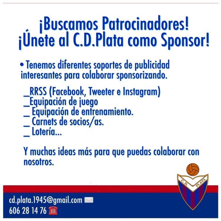 CDPlata1945's tweet photo. 📣| Si quieres colaborar con nosotros puedes ser uno de nuestros sponsor. 

#ÚneteAlPlata
#SponsorPlata
#HazEquipo https://t.co/b0fNAyEWoj