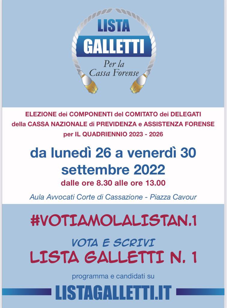 VisRomana's tweet photo. Dal 26 al 30/09 si vota per #Delegati di #CassaForense. Voto di lista e non può che essere per #ListaGalletti, che ha ben operato e raccolto la maggioranza delle #associazioni #forensi del territorio, in quell'unione di intenti per cui le "anime" della #Avvocatura si adoperano. https://t.co/tHISDodiZ6