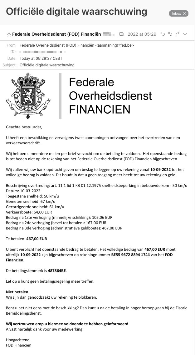 Een redelijk overtuigende phishing. Weliswaar zonder nummerplaat, locatie van overtreding, … Misschien eens checken van wie het rekeningnummer BE55 9672 8894 1744 is. Vast niet van de FOD Financien. ;) @PolitieMeWi  <a href="/safeonweb_be/">Safeonweb.be</a> <a href="/FODEconomie/">FOD Economie</a>