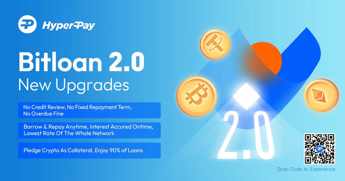 Hpx_Official's tweet photo. ��#HyperPay has fully upgraded #Bitloan 2.0!
✅Borrow and repay anytime
✅No fixed repayment term
✅No overdue fine
You can get the best rate for #loans by pledging #Cryptos as collateral to enjoy 90% of #CashFlow 💵
Check your limit here 👇https://t.co/wiyeHcEKNC
#DeFi https://t.co/mVTfaKGGyI