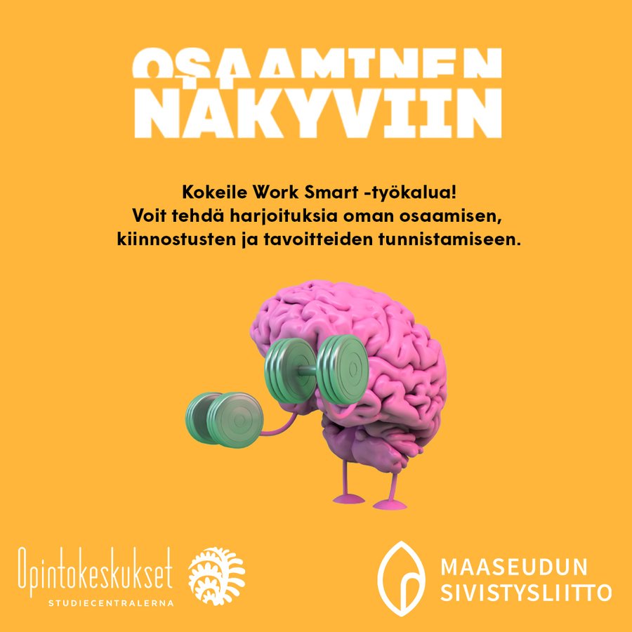 Nyt on #OsaaminenNäkyviin -viikko. Esittelemme opintokeskusten kanssa hyviä työkaluja, joilla tuoda osaamistaan esiin.

Opintokeskus #maaseudunsivistysliitto suosittelee Work Smart- työkalua urasuunnittelun ja työnhaun tueksi. Tutustu: 
worksmart.karelia.fi/2017/12/22/mit…
#opintokeskukset