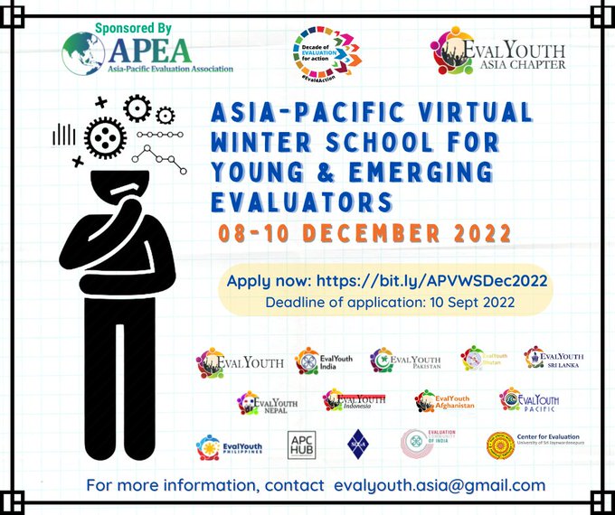 Calling all young and emerging evaluators!
📣 Do you want to be an evaluator but don’t know how to start? Apply to the 3rd Asia Pacific Virtual Winter School for #YEEs 

2⃣ days left before application closes!
🔗Apply  bit.ly/APVWSDec2022 
 
#Eval4Action #APCHub #IOCETogether