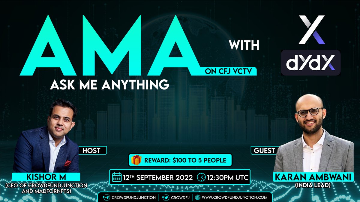 madfornft's tweet photo. 🔥CFJ is excited to host an #AMA with 
 @dYdXIndia @dYdX 
 
🎁Rewards: $100 to 5 winners 🏆

🗣️Topic : User Growth In Defi 🤩

🗣️Guest : Karan Ambwani @0xkarana
 
📅Date : 12th Sept

🏛️Venue : https://t.co/wD3d7WxP3e

Set Reminder now 👆 https://t.co/wIKGbhQ2q4