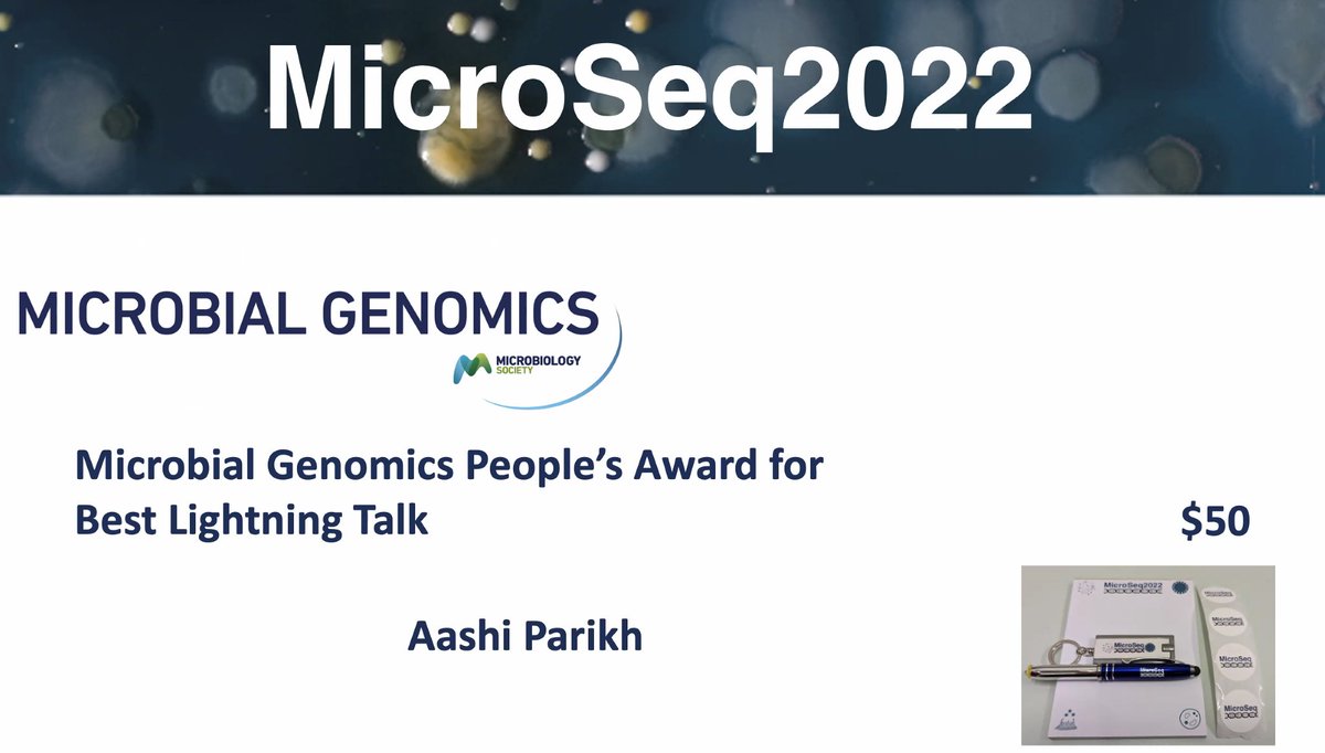 Microseq_ASM's tweet photo. Congratulations to Aashi Parikh​ for winning the Microbial Genomics @MicrobioSoc People’s Choice Award for Best Lightening Talk! #MicroSeq2022 https://t.co/pLEymO6ePI
