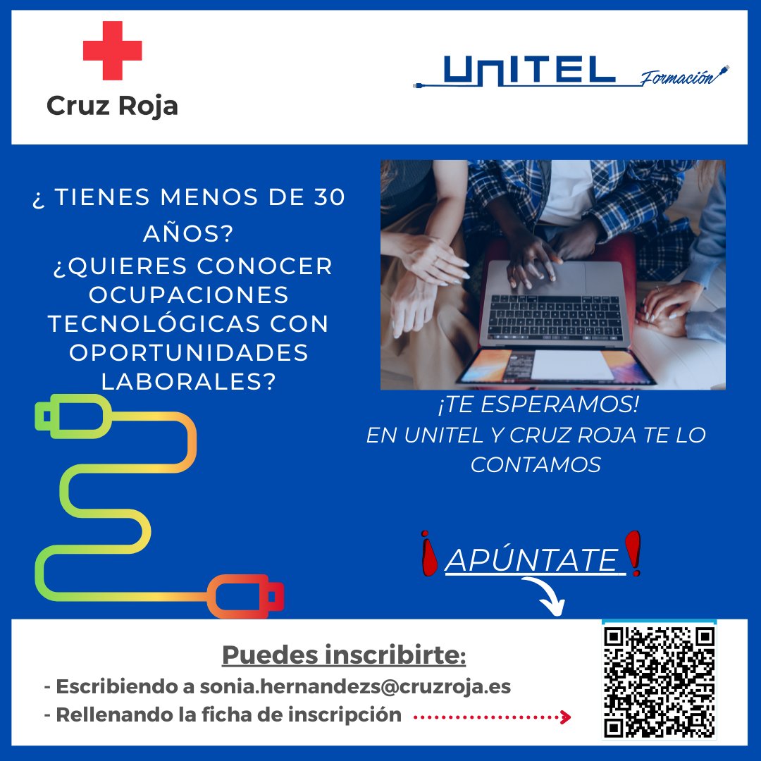 UnitelFormacion (@unitelformacion) on Twitter photo 👌💪✌️Desde Unitel Formación y el #PlanEmpleoCruzRoja traemos una nueva oportunidad en la que podréis conocer las nuevas ocupaciones tecnológicas del momento🔝
✍️INSCRIBETE a través del Código QR
#garantiajuvenil #somosgo #empleo #formaciontoledo #talento
<a href="/CruzRojaToledo/">Cruz Roja Toledo</a> 👌💪✌️Desde Unitel Formación y el #PlanEmpleoCruzRoja traemos una nueva oportunidad en la que podréis conocer las nuevas ocupaciones tecnológicas del momento🔝
✍️INSCRIBETE a través del Código QR
#garantiajuvenil #somosgo #empleo #formaciontoledo #talento
<a href="/CruzRojaToledo/">Cruz Roja Toledo</a>