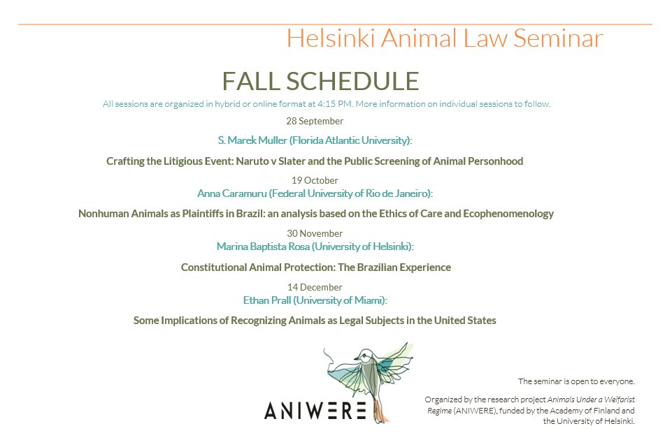 Helsinki Animal Law Seminars will convene again this fall and the seminar schedule is now available! Please find it below and on our website: https://t.co/qDfYDqqJDO

The registration for the first seminar is already open and you can sign-up here: https://t.co/I3eyGKLOA2
Welcome! https://t.co/qKCvLhwycz