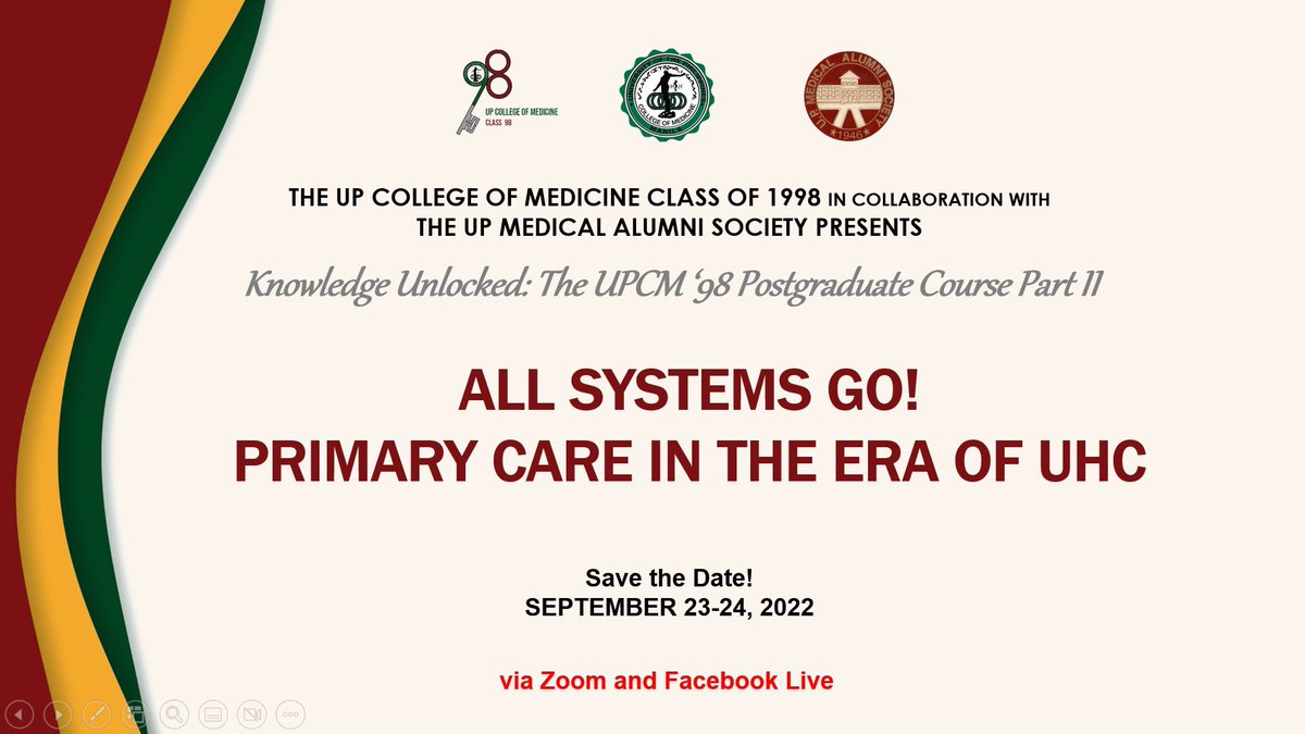 UPCM98's tweet photo. UPCM Class β98, in collaboration with UPMAS, will hold a FREE virtual postgrad on Sept. 23-24! Joins us in Part II of All Systems Go! Primary Care in the Era of UHC
Register at: https://t.co/vwqgCpRzd5
#UPCM98 #primarycare #universalhealthcare @UPManilaOnline https://t.co/wlEjxMw2QC