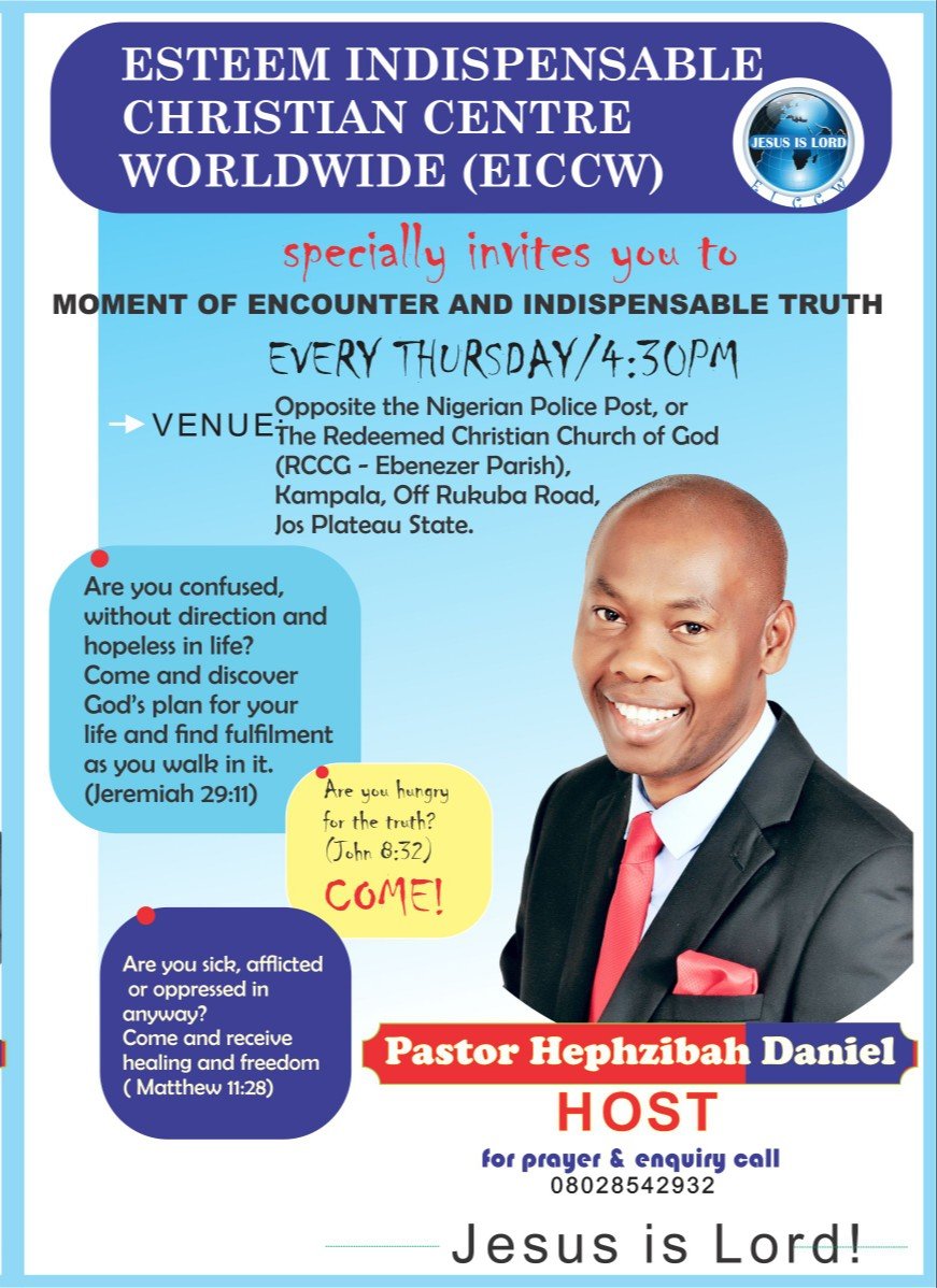 speaktodaniel's tweet photo. Join me this Thursday 8th of September,  2022 for a special time of encounter in God's presence.
Time: 4:30pm
Venue: Esteem Indispensable Christian Centre Worldwide  Opp RCCG Ebenezer area or the Nigerian police post Kampala off Rukuba road Jos Plateau State.
PRAY PLAN &amp; ATTEND. https://t.co/4xDE359Z91