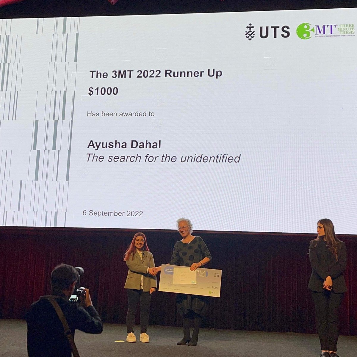 UTS_Science's tweet photo. A huge congratulations to forensic science PhD candidate Ayusha Dahal for her success in the UTS 3MT competition. Ayusha was the Runner Up and won the People's Choice Award for her presentation, 'The search for the unidentified'. 

#UTS3MT @CFS_UTS @DahalAyu @DrJodieWard https://t.co/7xIw0ir4JG