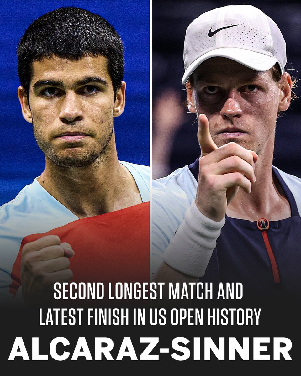 SportsCenter's tweet photo. WHAT. A. MATCH.

5️⃣ Hours. 
1️⃣5️⃣ Minutes.
2️⃣:5️⃣0️⃣ AM ET

@carlosalcaraz | @janniksin https://t.co/1iR0gqNuhJ