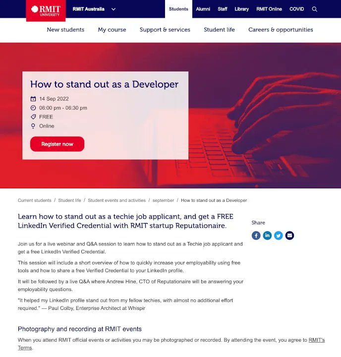 Join us as part of RMIT University's STEM Career Series for our free workshop on proven ways to stand out as a Developer. 😎
You will also be given the opportunity to claim a free LinkedIn Verified Credential generated from your public big data in just a few seconds! 👊